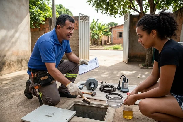 Profissional dando dicas sobre prevenção de entupimentos para moradores em Planaltina.