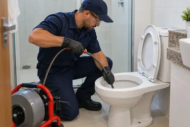 Profissional desentupindo vaso sanitário em casa em Planaltina.