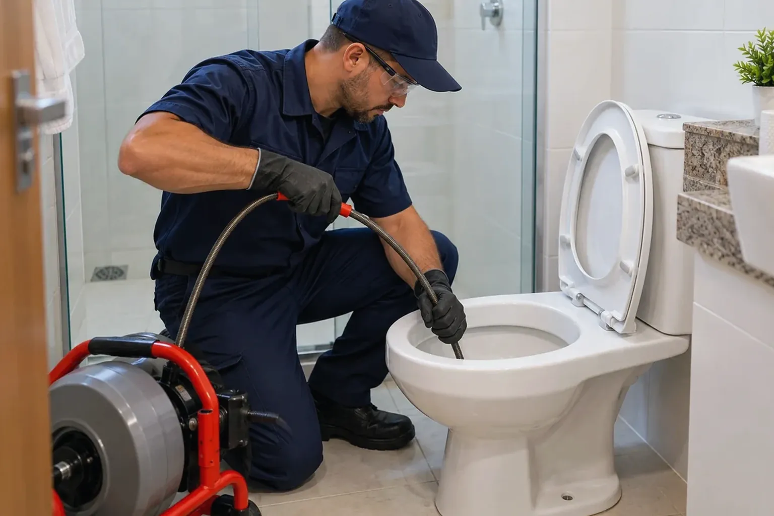 Profissional desentupindo vaso sanitário em casa em Planaltina.