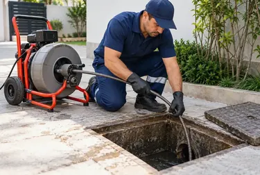Técnico desentupindo esgoto em Planaltina com equipamentos de segurança.
