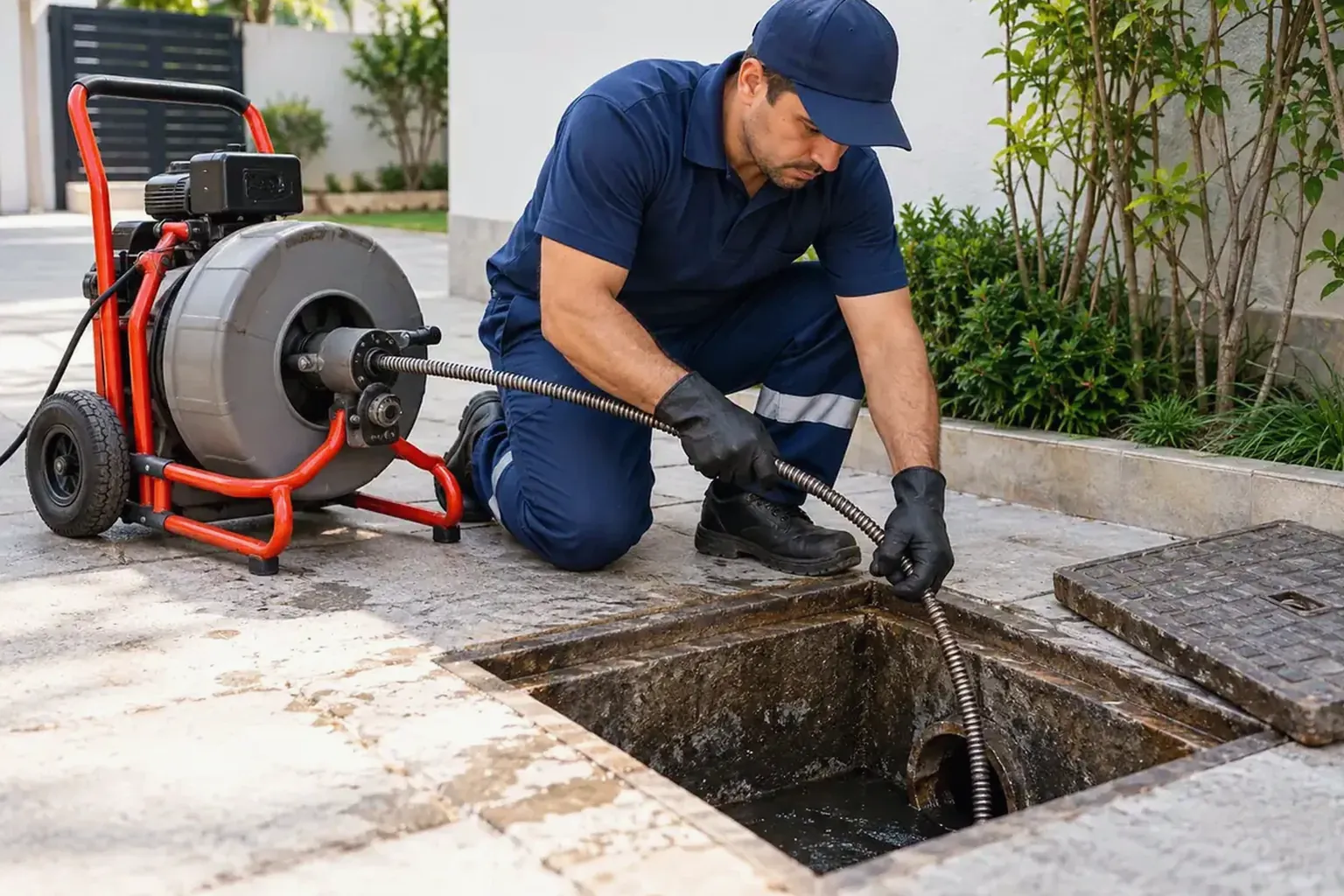 Técnico desentupindo esgoto em Planaltina com equipamentos de segurança.