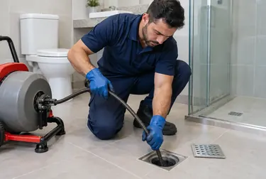 Técnico desentupindo ralo em banheiro em Planaltina com equipamentos específicos.