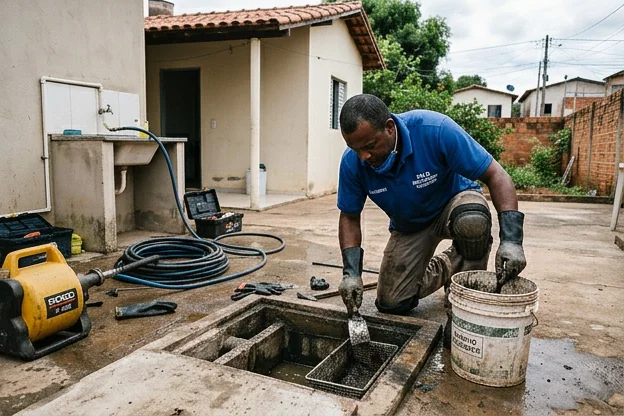 Trabalhador realizando limpeza de caixa de gordura em Planaltina.